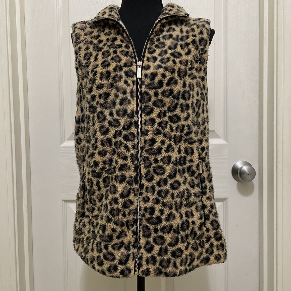 CALVIN KLEIN Sherpa Faux Fur‎ Vest Leopard Print Pockets Full Zip Women's Small